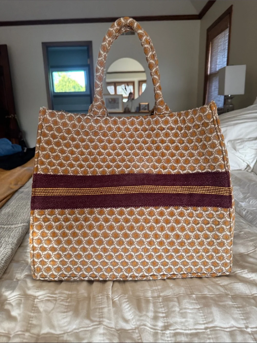 Stylish Woven Tote Bag in Mustard and Burgundy